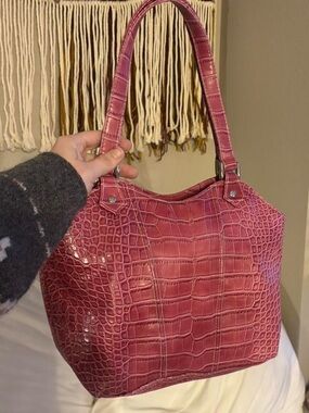 Pink faux leather shoulder Bag WITH ATTACHED MAKEUP POUCH W MIRROR